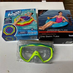 2 pool floats and a Neon Green Diving Mask